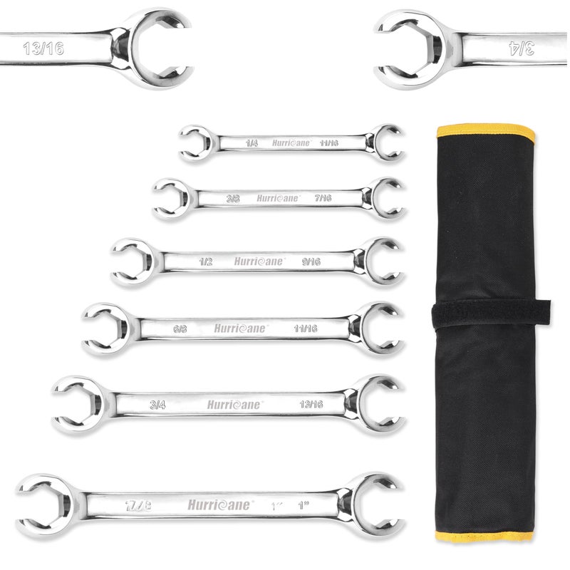 Hurricane مجموعة مفاتيح صمولة هوريكان، مجموعة مفاتيح خط الفرامل SAE مكونة من 6 قطع، بحجم من 1/4 إلى 1 بوصة، بزاوية انحراف 15 درجة مع طرفين مفتوحين وجراب منظم، لإصلاح وإزالة الصواميل على أنبوب الوقود في المساحات الضيقة - Image 1